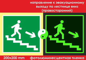 E13 направление к эвакуационному выходу по лестнице вниз (правосторонний) (фотолюминесцентная пленка, 200х200 мм) - Знаки безопасности - Фотолюминесцентные знаки - Магазин охраны труда ИЗО Стиль